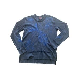 Johnny Was JWLA Blue Pullover Thermal Waffle Embroidered Top Blouse Tunic